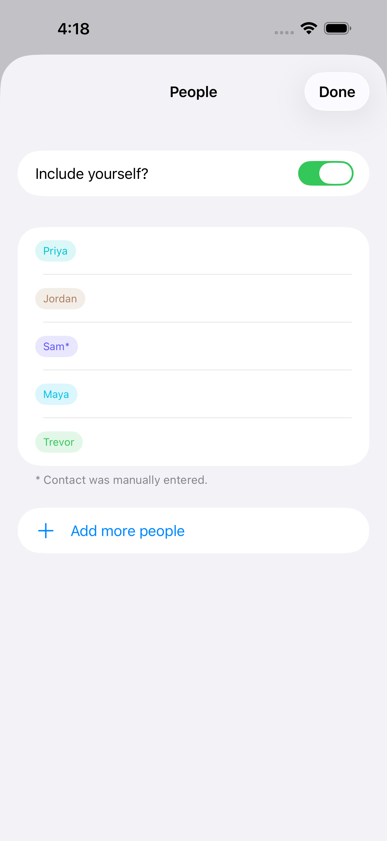 People screen of Quick Split