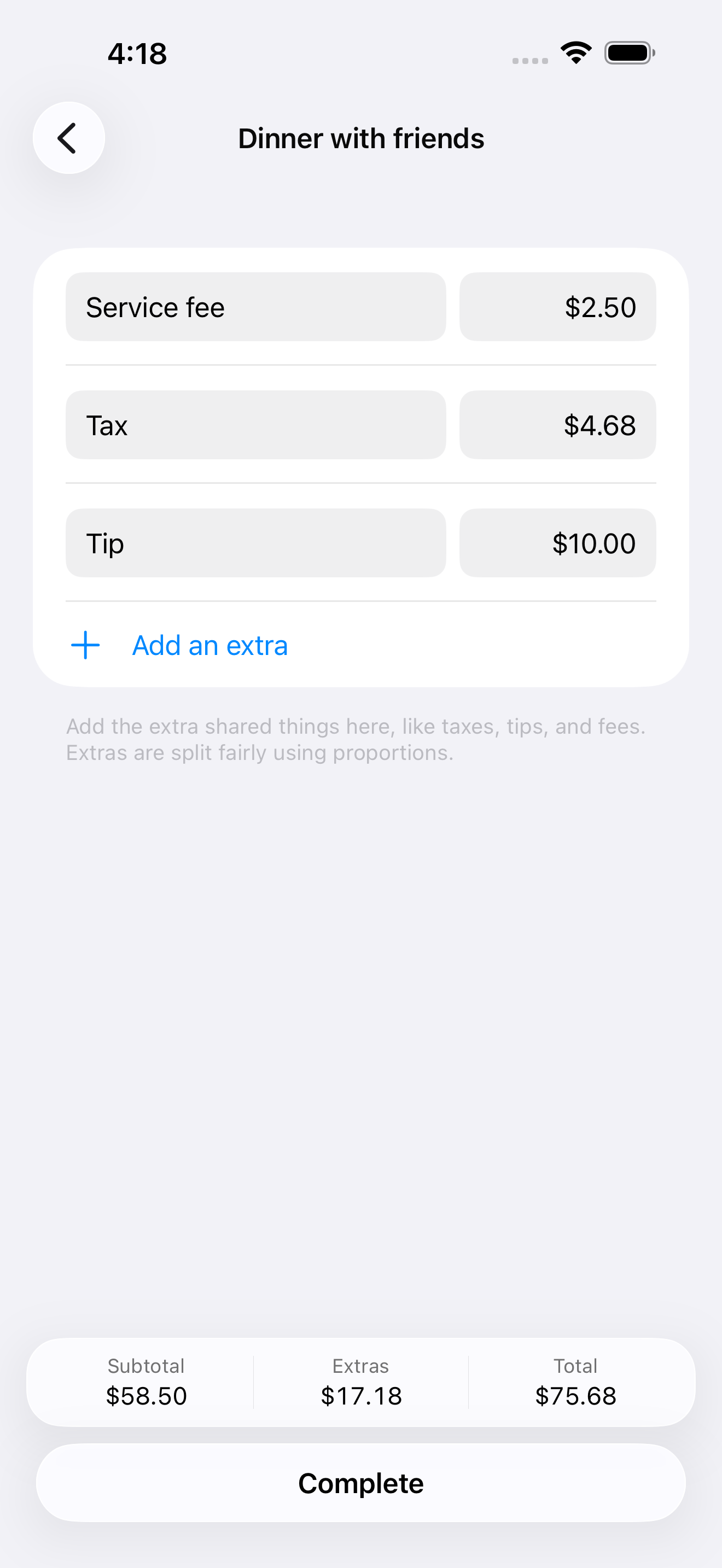 Extras screen of Quick Split